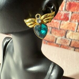 Vintage Gold Angel Wing Heart Brooch. Teal/Blue Gemstone with Gold Tone Pendant